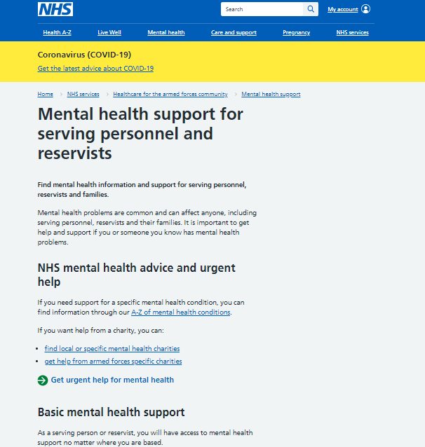 Mental health support for serving personnel and reservists page